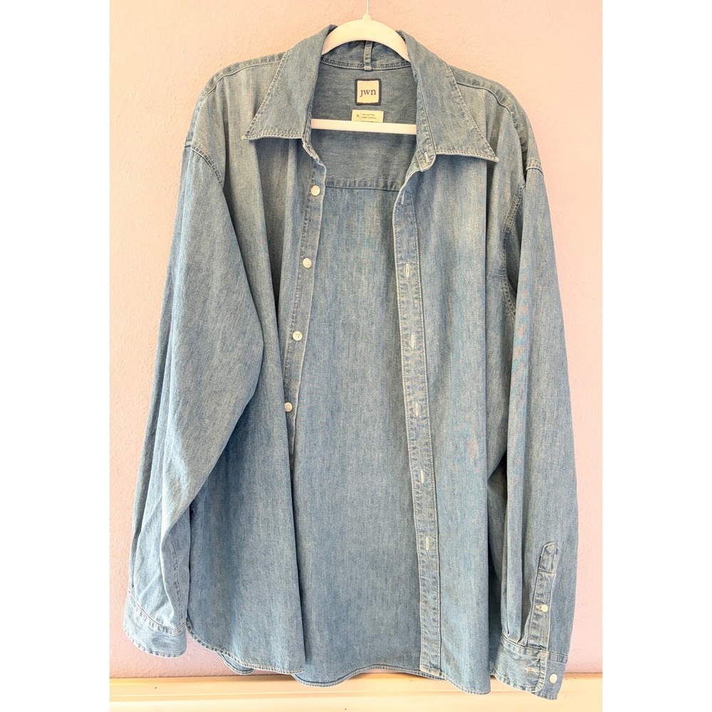 JWN‎ Mens XL 90s Denim Button Down Shirt Light Wash Blue 100% Cotton Long Sleeve